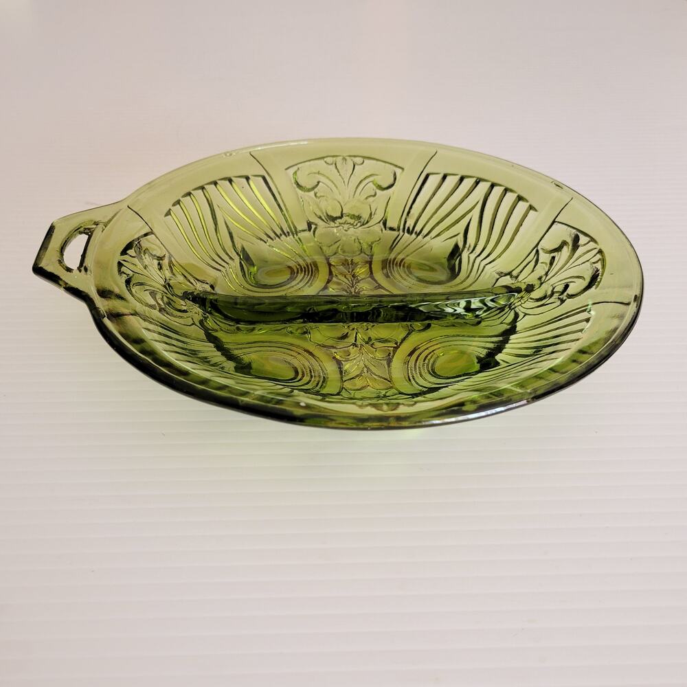 Vintage Carnival Glass Round Two Section Condiment/Snack Server/Dish Green